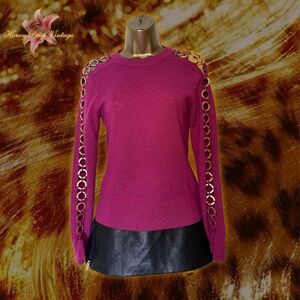 Jonathan Simkhai Magenta Cutout-Sleeve 100% Merino Wool Sweater w/ Gold Ring Det
